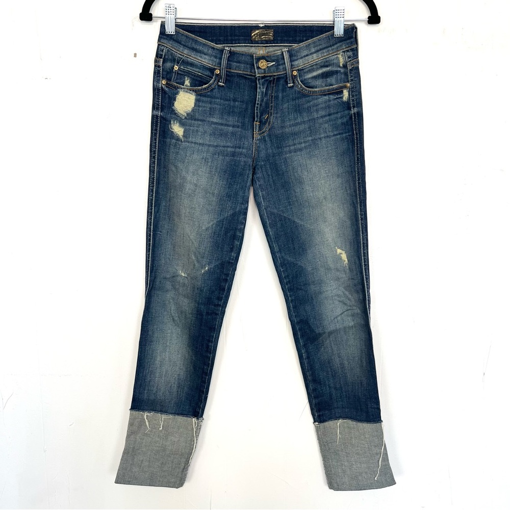 MOTHER Straight-Leg Distressed Jeans in Indigo Blue with Rolled Cuffs